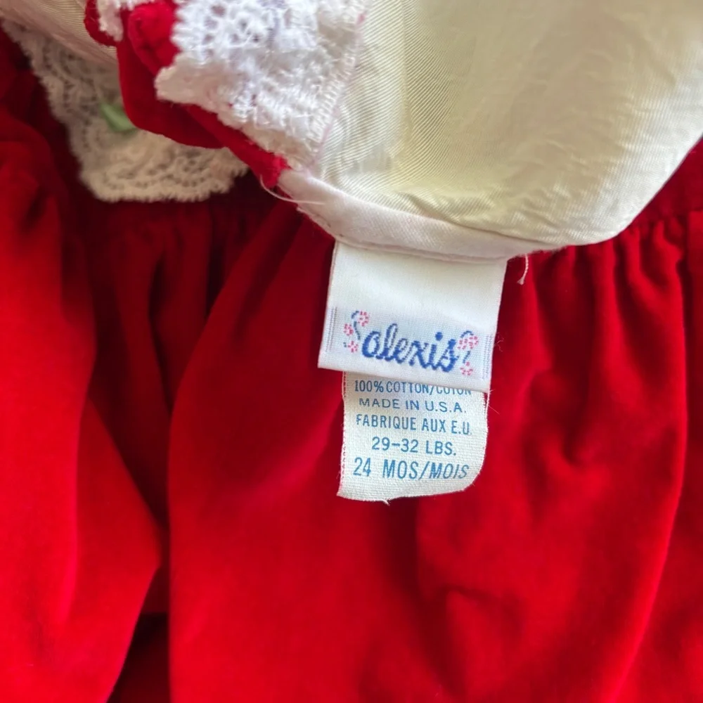 Alexis Vintage 80s Red Velvet Christmas Dress Lace Trim | Size 24 Months - Picture 6 of 6